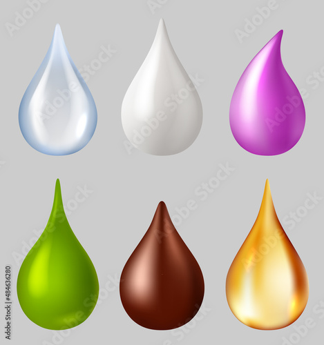 Different realistic drops. Falling honey drop  chocolate  milk  water  color. Capsule of liquid vitamins. Vector image