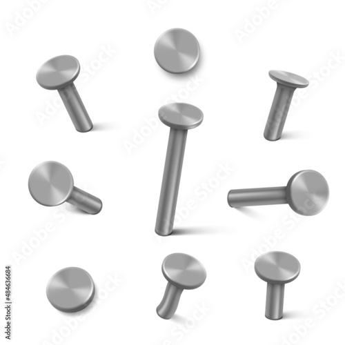 Nails hammered into wall, steel or silver pin heads. Realistic 3d vector illustration