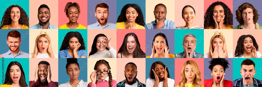 Set of attractive emotional people on colorful backgrounds, collage, panorama Set of attractive emotional people on colorful backgrounds, collage, panorama