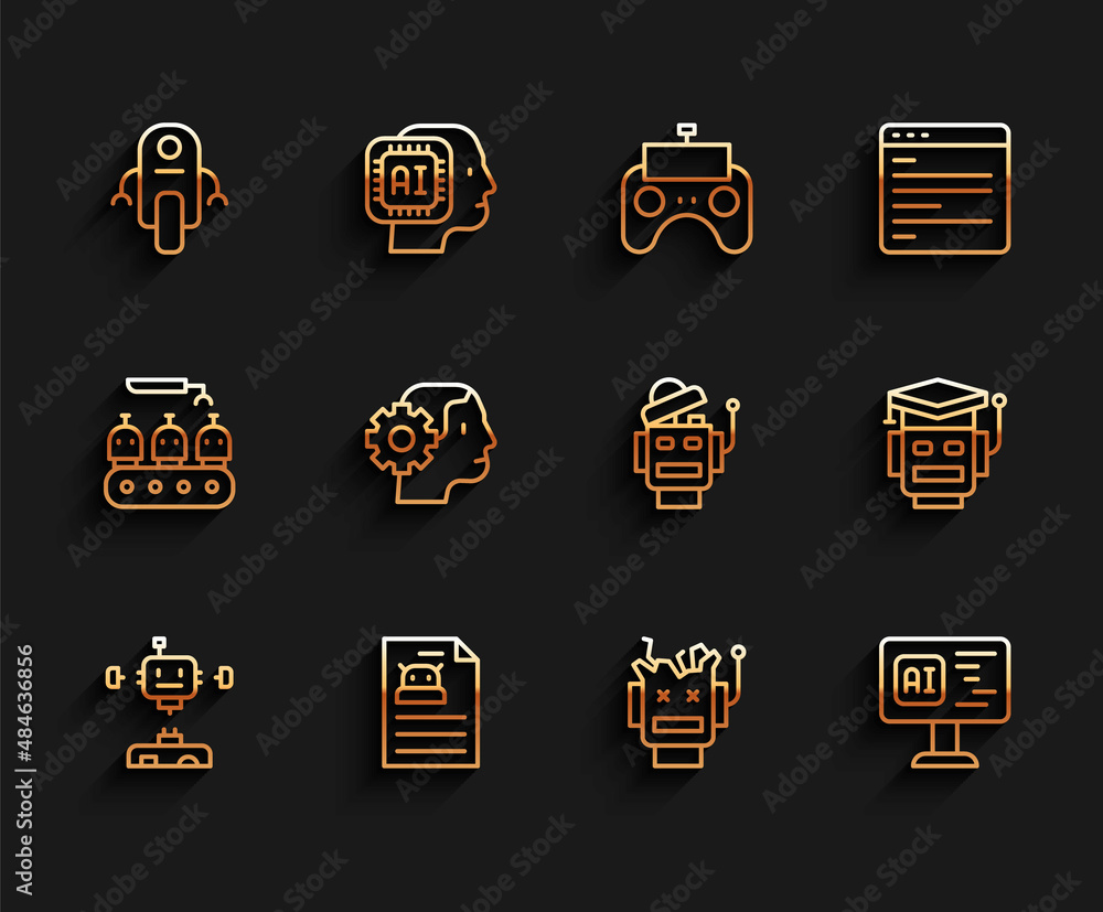 Set line Disassembled robot, Technical specification, Robot, Broken, Software, Humanoid, and icon. Vector Set line Disassembled robot, Technical specification, Robot, Broken, Software, Humanoid, and icon. Vector