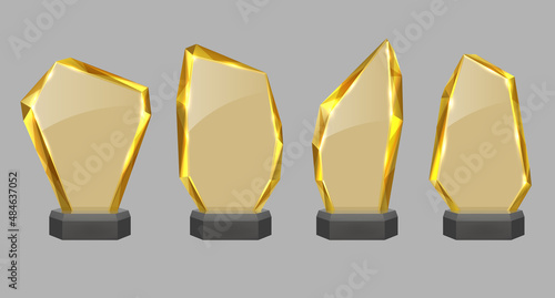 Winner gold glass trophy. Glass awarding trophy, championship win glossy trophy. Realistic isolated vector image