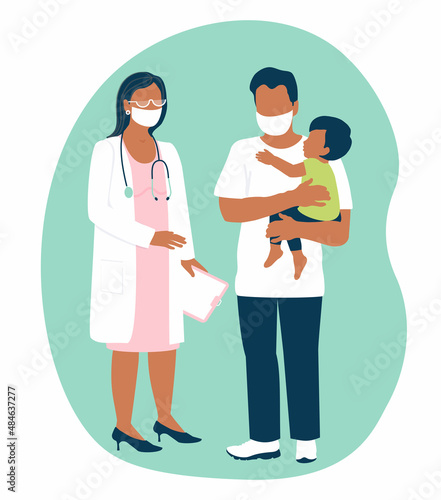 Pediatric doctor woman with stethoscope and little patient with father. Checkup child in hospital. Baby in dad's arms. Pediatrician consultation. Vector web illustration