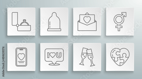 Set line Online dating app and chat, Condom, Speech bubble with I love you, Glass of champagne, Heart, Envelope Valentine heart, Gender and Diamond engagement ring icon. Vector