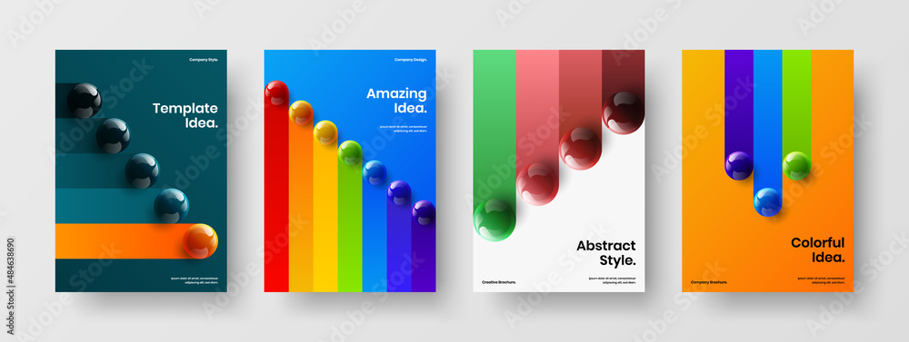 Colorful booklet A4 design vector layout collection. Bright 3D balls postcard template bundle.