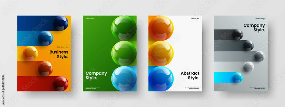 Modern corporate brochure A4 design vector template bundle. Simple realistic spheres journal cover layout set.