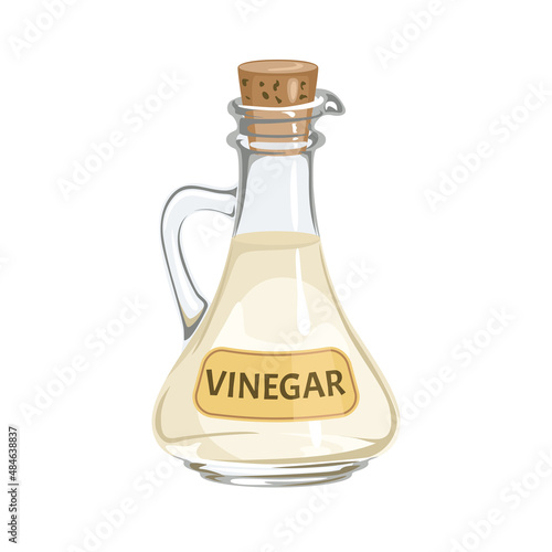 White vinegar in glass bottle isolated on white background. Vector cartoon flat illustration.