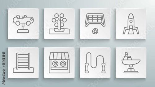 Set line Swedish wall, Ferris wheel, Shooting gallery, Jump rope, Swing boat, Soccer goal with ball, Rocket ship and car icon. Vector