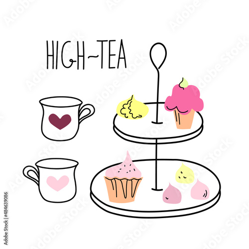 Afternoon tea set with cakes, doodle sketch hand drawn vector design.