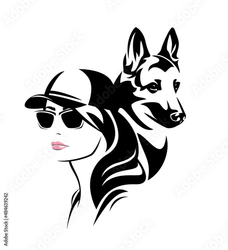 woman dog trainer wearing sunglasses and baseball cap with german shepherd dog - beautiful young girl and her pet vector portrait photo