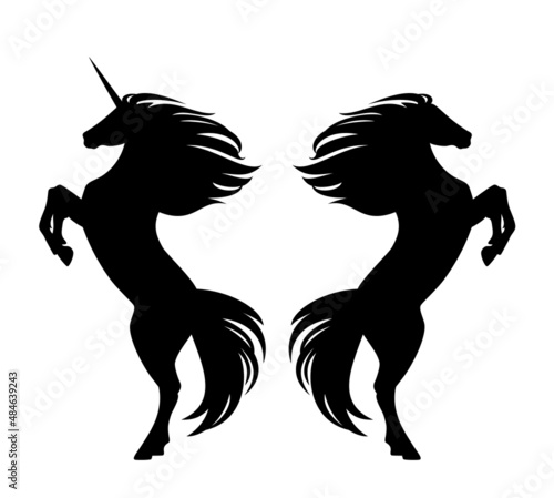 beautiful rearing up fairy tale unicorn horse and wild mustang silhouette - standing animal black and white vector design set
