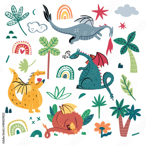 Vector set cute dragons isolated on white background. Vector hand drawn clipart.