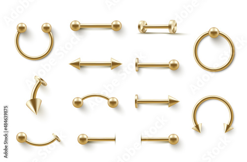 Gold piercing jewelry collection realistic vector illustration golden earrings for face and body