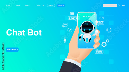 Man Chatting With Chat Bot On Smartphone. Chat Bot Technology and Online Help Center Concept. Vector EPS 10