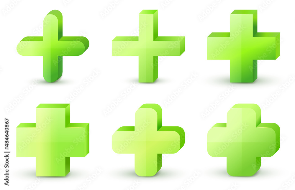 Green cross. Vector set. Cross symbol of safety guidance. Green plus sign