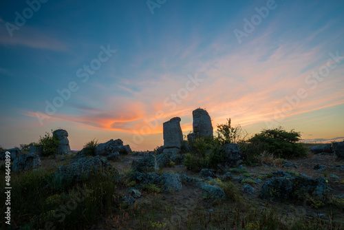 Beautyful sunrise over The Stone Desert Pobiti Kamani - fabulous rock phenomenon in Varna Province  Bulgaria - tourist destination