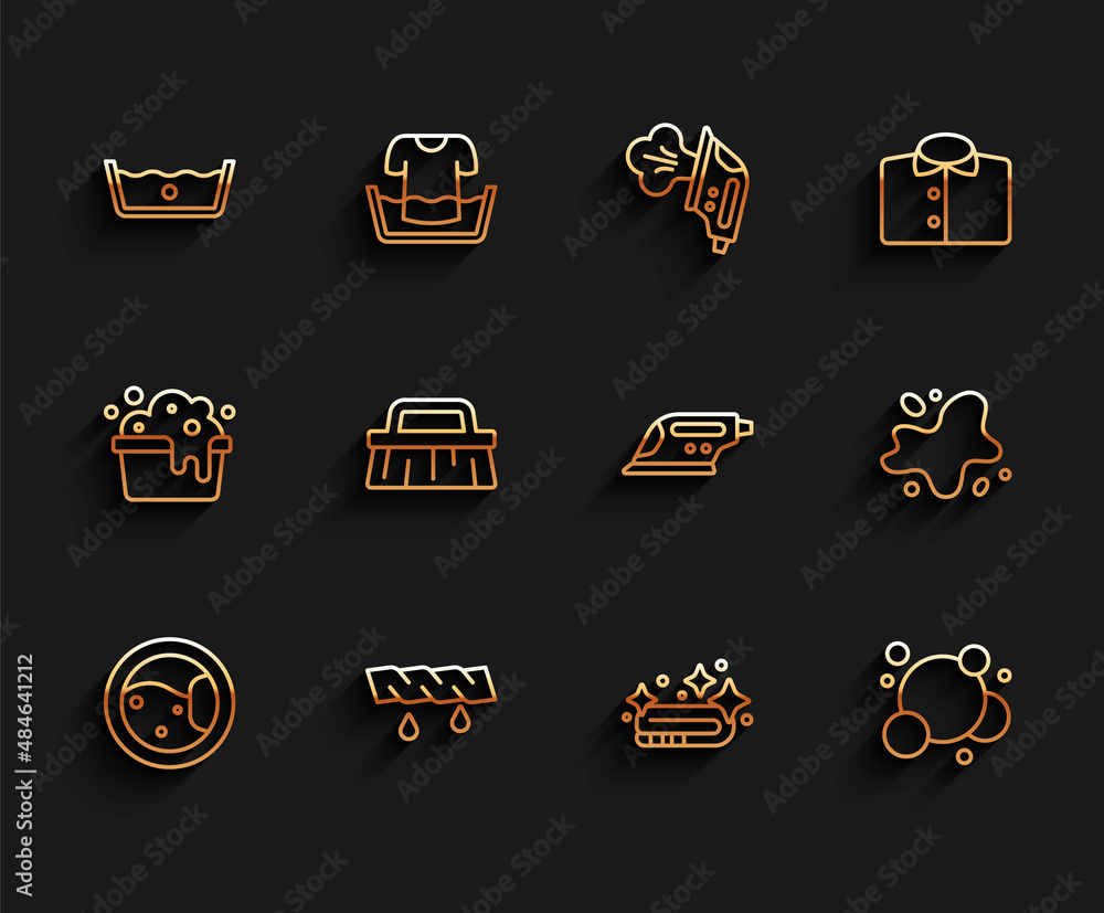 Set line Washer, Squeeze clothes, Temperature wash, Towel stack, Soap water bubbles, Brush for cleaning, Water spill and Electric iron icon. Vector Set line Washer, Squeeze clothes, Temperature wash, Towel stack, Soap water bubbles, Brush for cleaning, Water spill and Electric iron icon. Vector