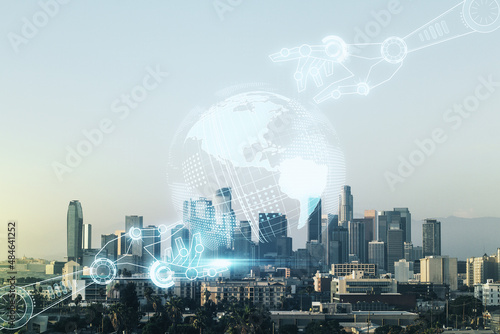 Abstract virtual robotics technology hologram with globe on Los Angeles cityscape background, artificial intelligence and machine learning concept. Multi exposure