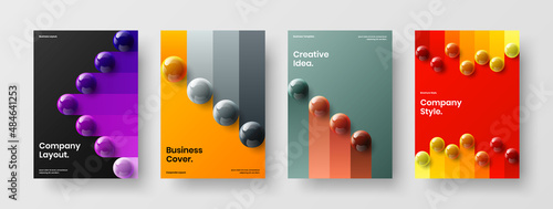 Unique handbill A4 vector design layout set. Clean 3D spheres postcard concept composition.