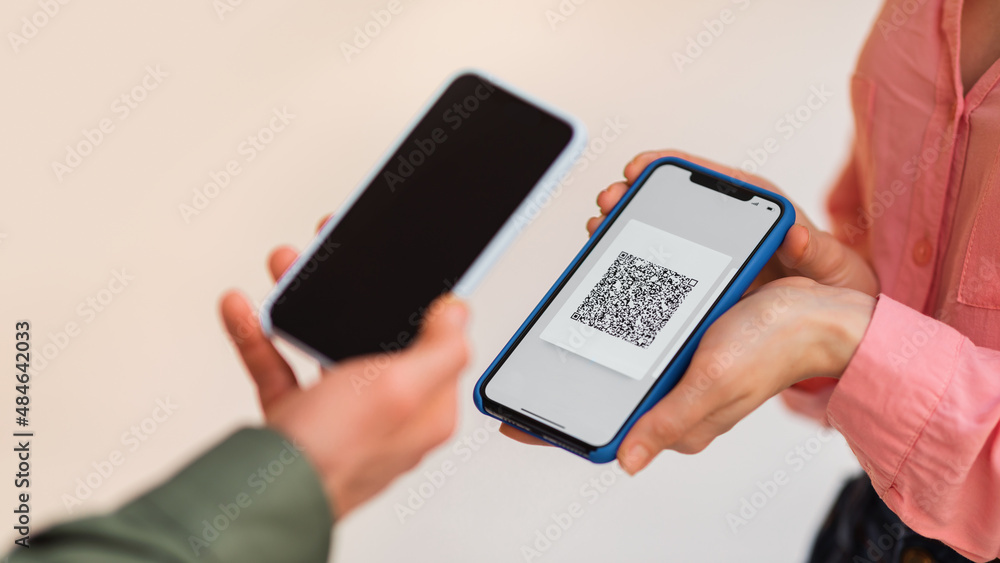 Man Using Phone Scanning QR Code On Cellphone Indoor, Cropped Man Using Phone Scanning QR Code On Cellphone Indoor, Cropped