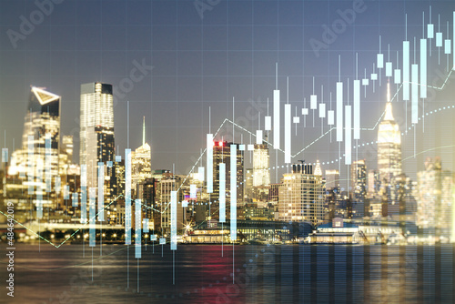 Multi exposure of virtual abstract financial graph interface on Manhattan cityscape background  financial and trading concept