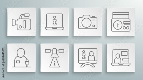 Set line Journalist news, Information, Satellite, Television report, World, Photo camera, News radio channel and Cinema icon. Vector