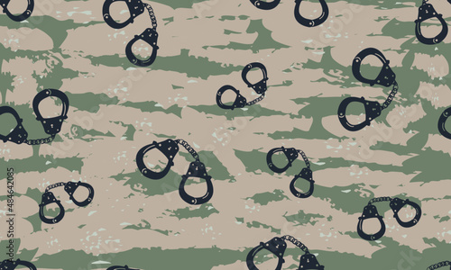 Seamless pattern. Mililitary amo green pattern design with handcuffs. Print for febric textile.