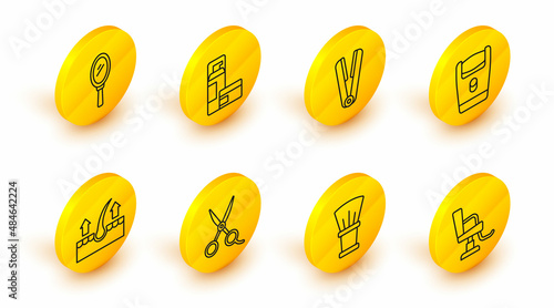 Set line Barbershop chair, Shaving brush, Scissors hairdresser, Human follicle, Electric razor blade, Curling iron for, gel foam and Hand mirror icon. Vector