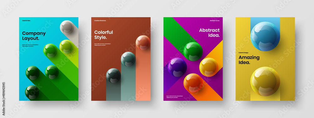 Geometric magazine cover A4 vector design illustration set. Unique 3D balls company brochure concept bundle.