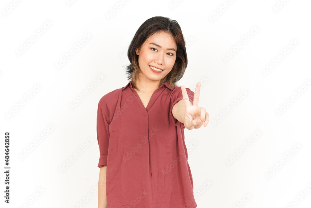 Showing Peace Sign Of Beautiful Asian Woman Isolated On White Background