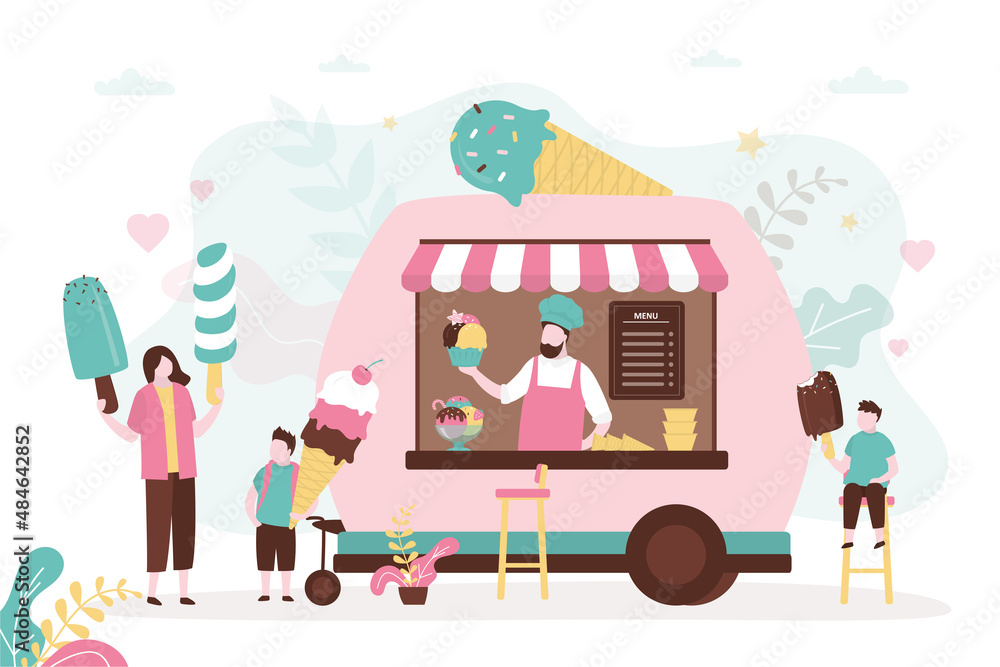 Naklejka premium Mom and son bought different ice cream in van. Little boy eating popsicle. Man selling takeaway sweets in food truck