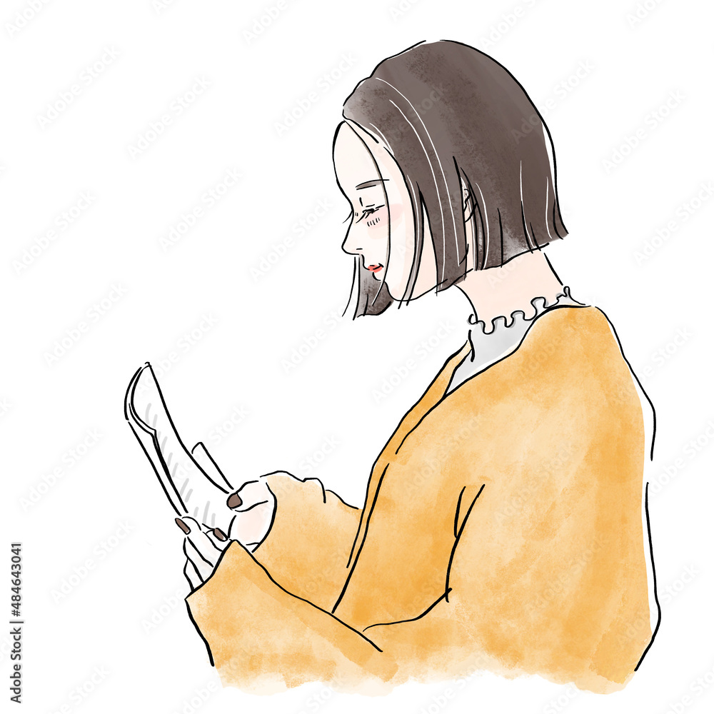 女性 イラスト 水彩 手紙を読む 横顔 笑み Stock Illustration Adobe Stock