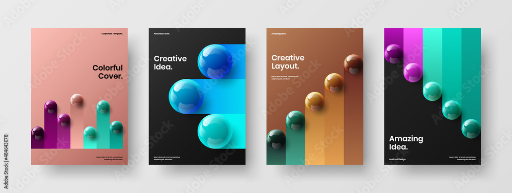 Geometric book cover design vector concept set. Clean 3D spheres placard template composition.