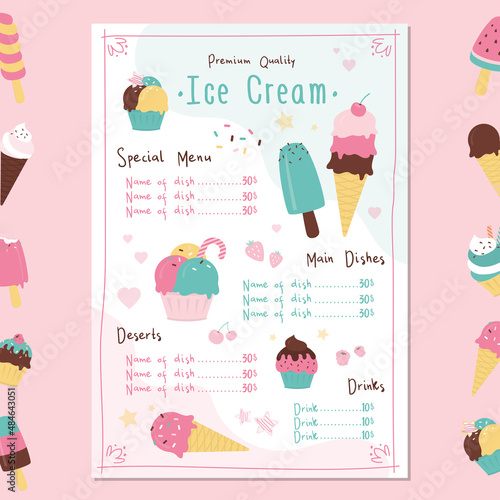 Colourful template for ice cream menu. Restaurant brochure with different types of gelato. Cafe menu with desserts and drinks. Name of dishes with prices. Delicious frozen dessert.