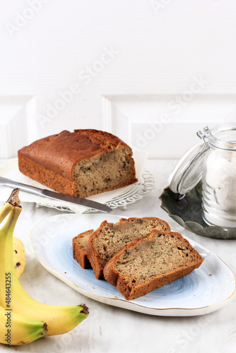 Homemade Sliced Banana Bread on White Background