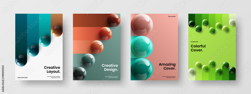 Amazing realistic spheres book cover template set. Geometric brochure design vector concept collection.
