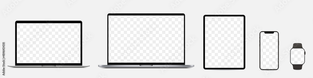 Screen mockup. Laptops, tablet, smartphone and smartwatch with blank screen for design