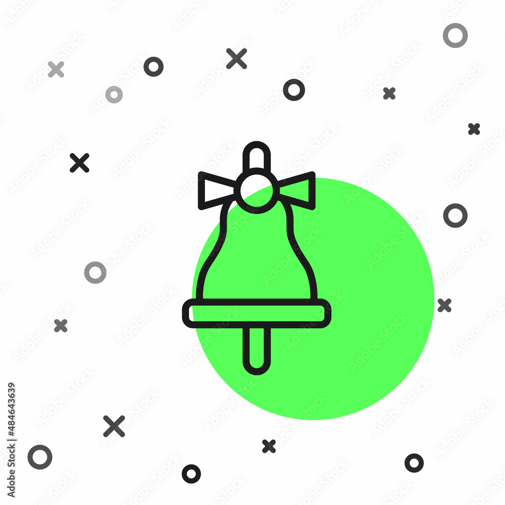 Obraz premium Black line Merry Christmas ringing bell icon isolated on white background. Alarm symbol, service bell, handbell sign, notification. Vector