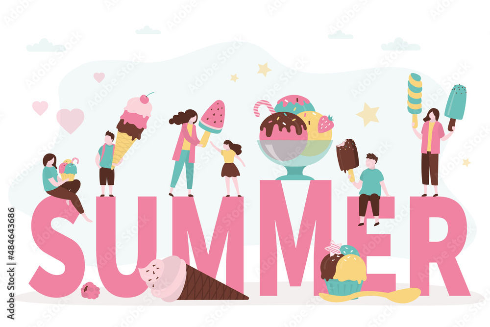 Fototapeta premium People eat different summer frozen desserts. Mom and daughter enjoy fruit ice with watermelon flavor. Little boy eating popsicle