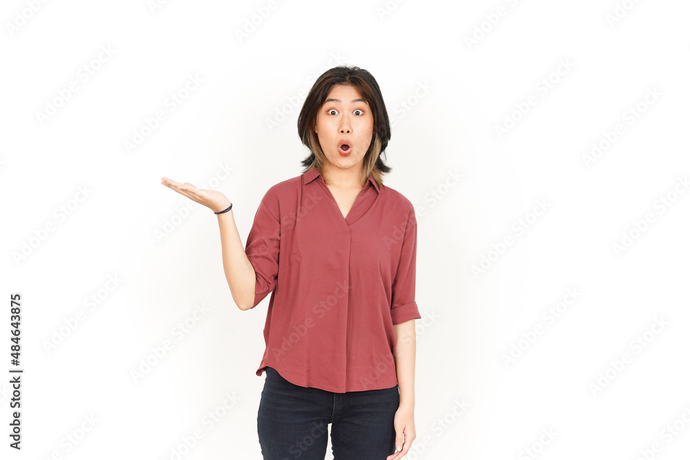 Showing and Presenting Product on Open Palm Of Beautiful Asian Woman Isolated On White Background Showing and Presenting Product on Open Palm Of Beautiful Asian Woman Isolated On White Background