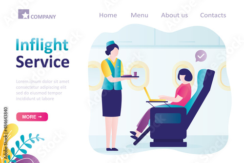 Inflight service, landing page template. Woman communicates with cabin crew during flight. Stewardess serving girl in economy class. Air hostess give food and drink to passenger.