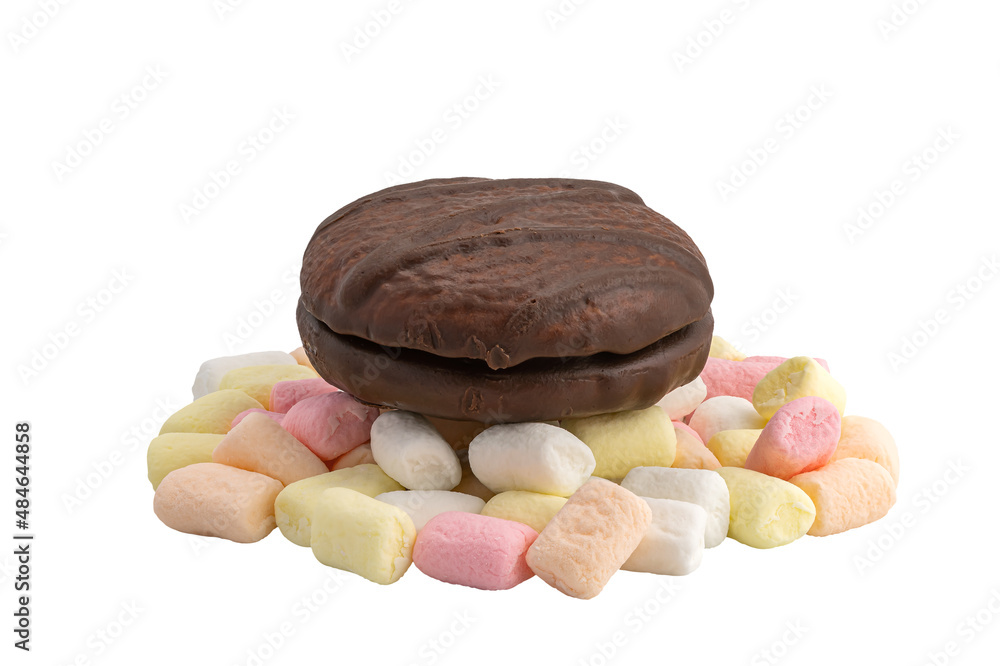 View of delicious choco pie on a pile of colorful marshmallow isolated on white background with clipping path. View of delicious choco pie on a pile of colorful marshmallow isolated on white background with clipping path.