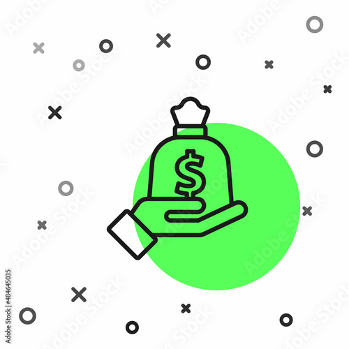 Black line Hand holding money bag icon isolated on white background. Dollar or USD symbol. Cash Banking currency sign. Vector