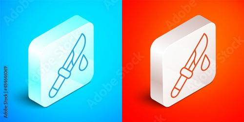 Isometric line Bloody knife icon isolated on blue and red background. Silver square button. Vector