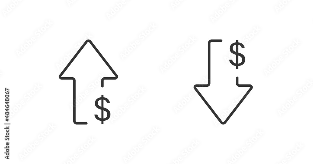 Dollar arrow isolated icon in line style. Rising and falling currency. Vector business concept Dollar arrow isolated icon in line style. Rising and falling currency. Vector business concept