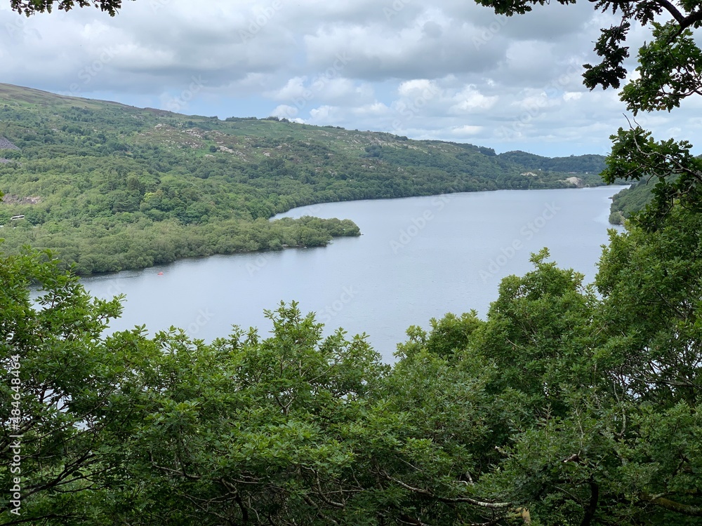 View of a large lake through some trees on a nature walk in southern Wales
