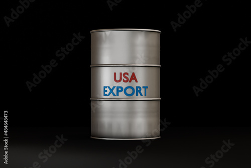USA export, written on a oil barrel. Symbolic for international trade and trade surpluses. Business, economy and freight transportation concept. 3D illustration.	 photo