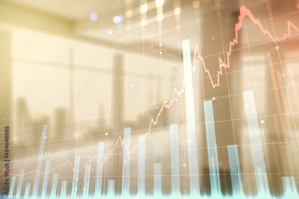 Multi exposure of virtual abstract financial graph interface on modern interior background, financial and trading concept Multi exposure of virtual abstract financial graph interface on modern interior background, financial and trading concept