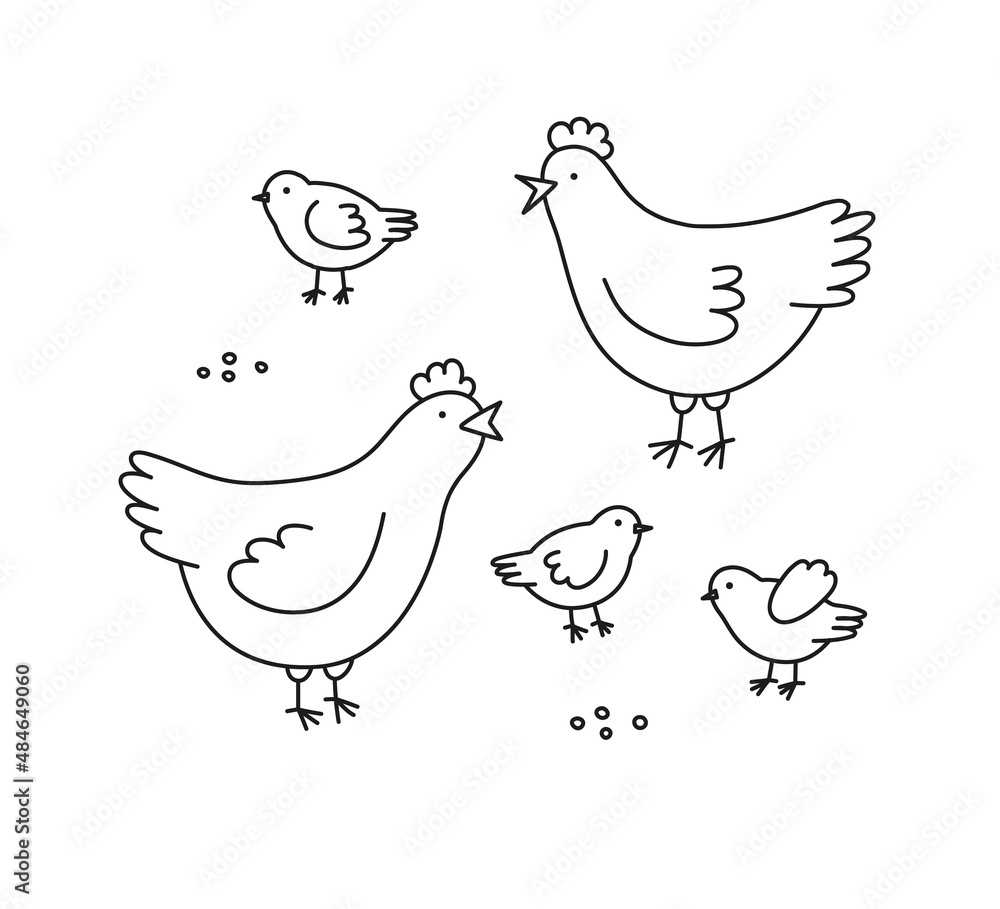 Cute hens and chickens in various poses with grains. Hand-drawn vector poultry, isolated on white background. Line art. Spring season concept, Easter, nature. Cute hens and chickens in various poses with grains. Hand-drawn vector poultry, isolated on white background. Line art. Spring season concept, Easter, nature.