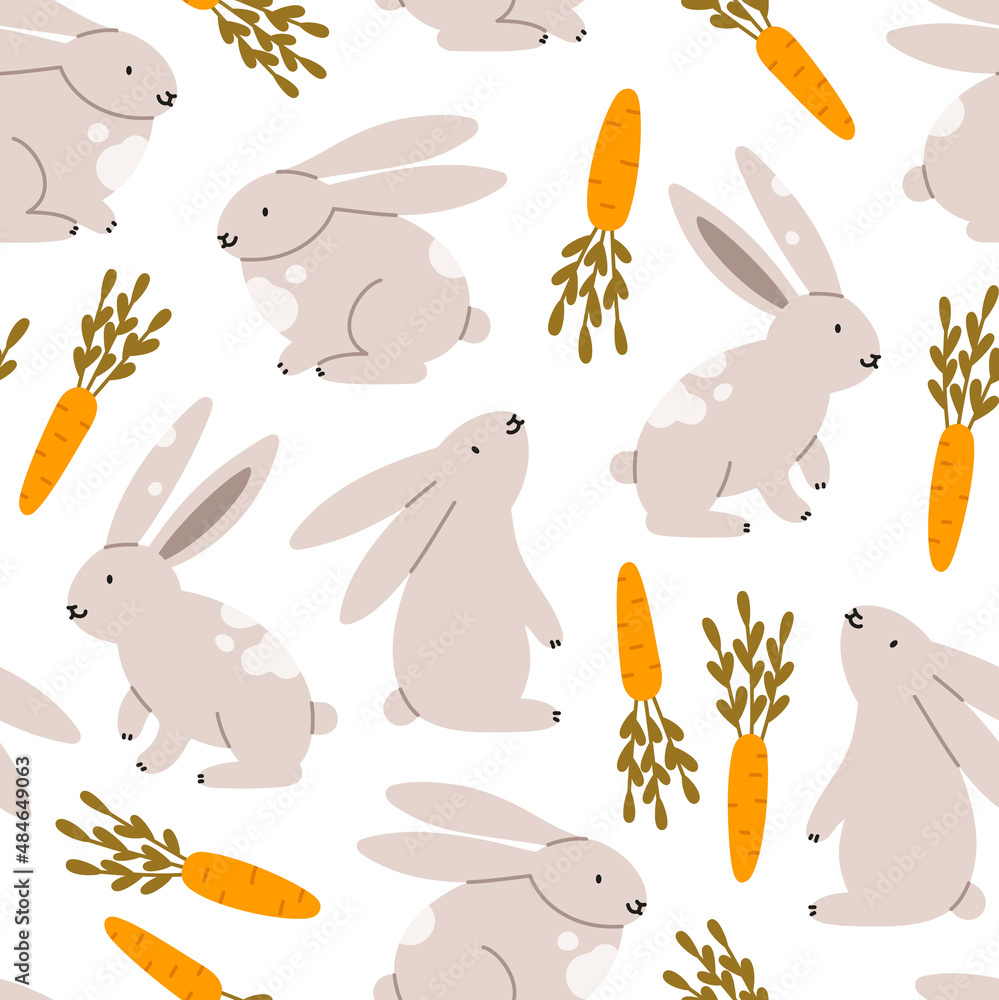 Seamless pattern of cute rabbits in various poses with carrots. Hand-drawn vector rabbits, isolated on white background. Spring season concept, Easter, nature.
