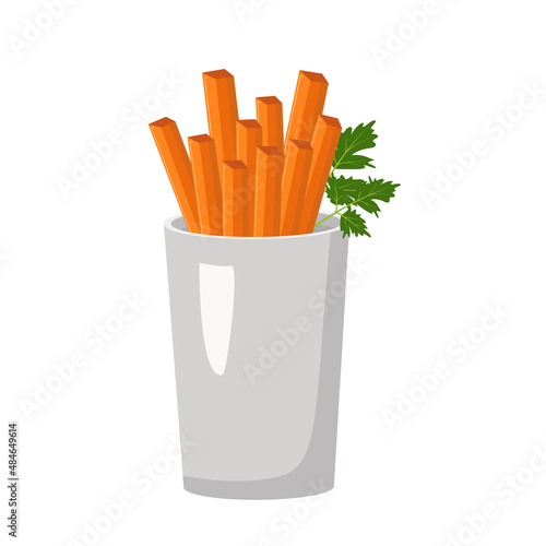 Carrots, cut into cubes, in glass and parsley leaf. Healthy food, delicious vegetables. Source of vitamin A, sweet snack. Ingredient for lunch or dinner. Vector flat illustration